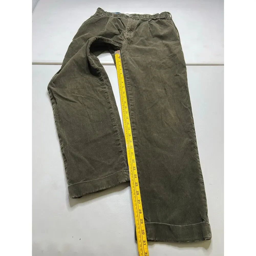 Vintage Polo Ralph Lauren HammonvCorduroy Pants Green Brown Pleated Cuffed 34/32